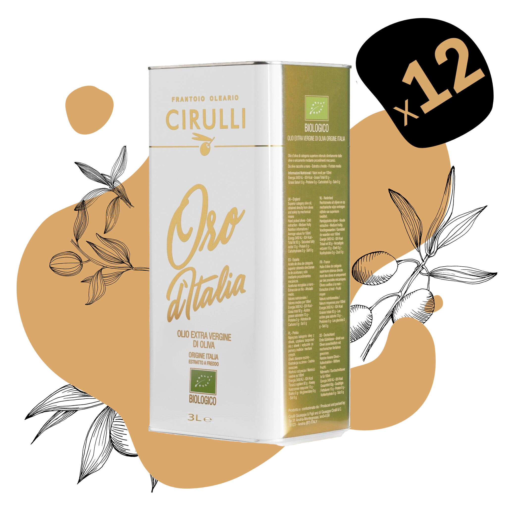 12 lattine di olio extravergine Biologico • 12 X 3 Litri
