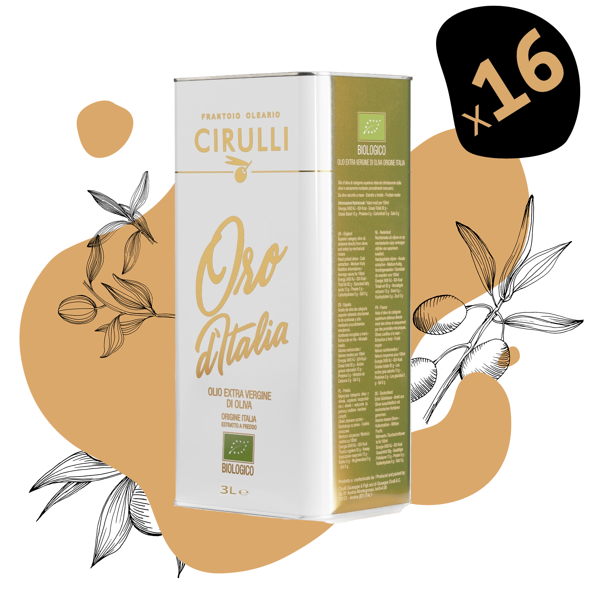 16 lattine di olio extravergine Biologico • 16 X 3 Litri