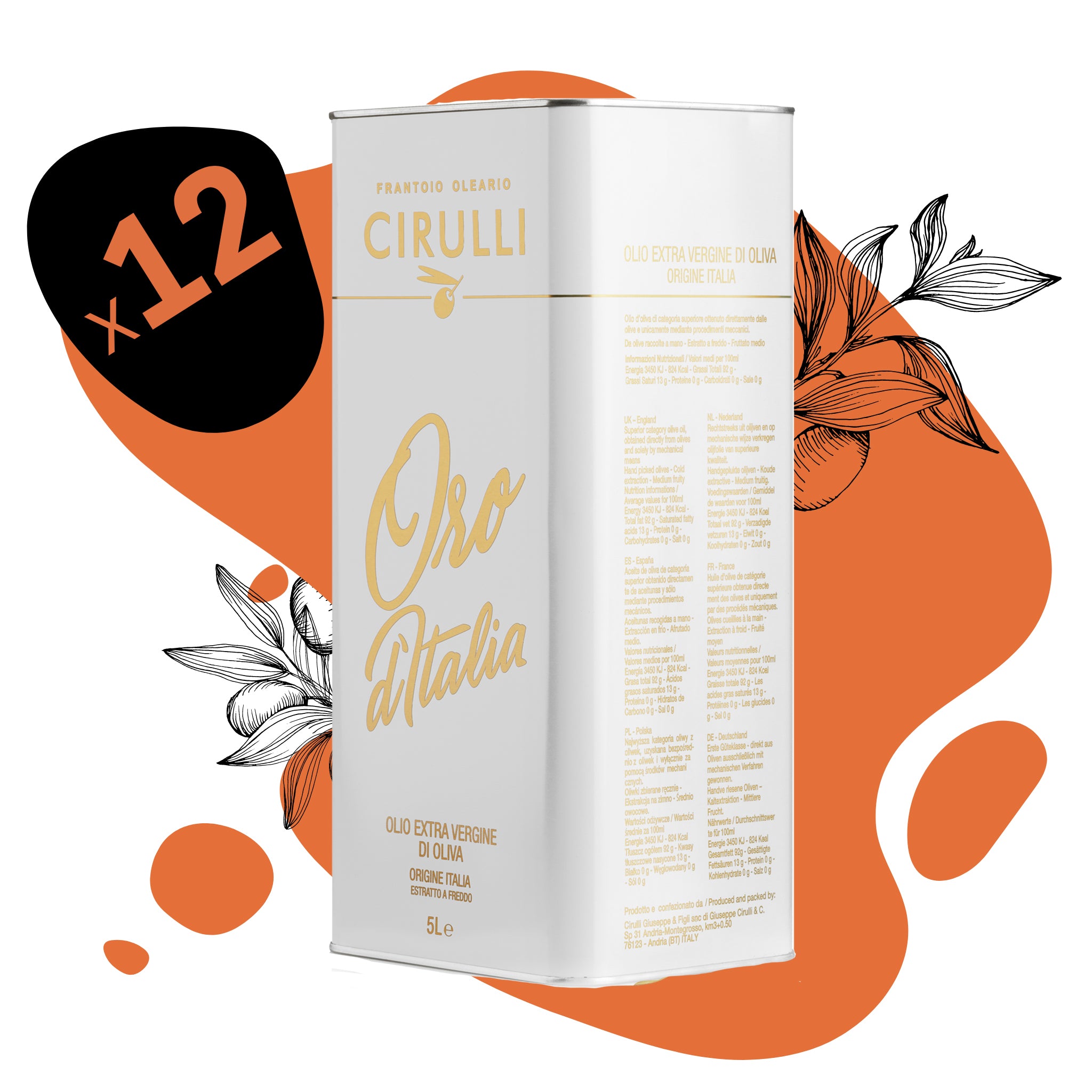 12 lattine di olio extravergine di oliva • 12 X 5 Litri