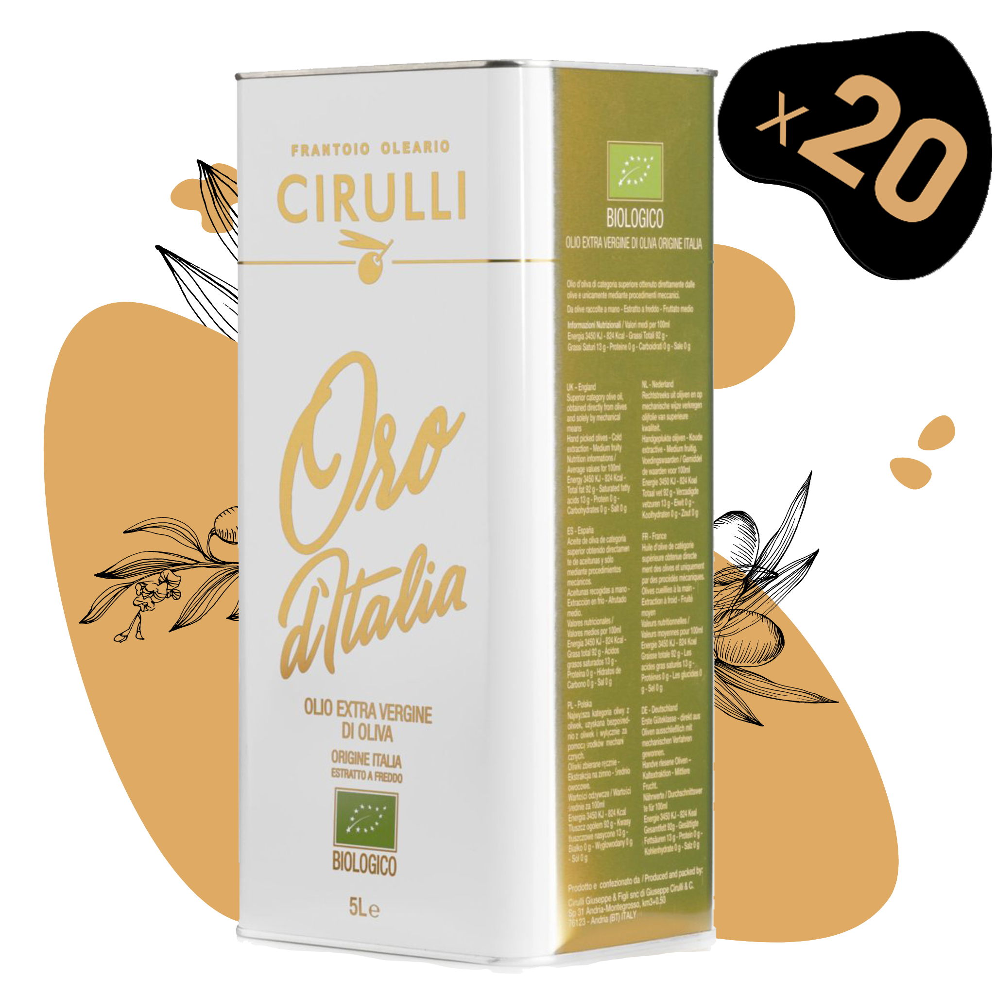 20 lattine di olio extravergine Biologico • 20 X 5 Litri