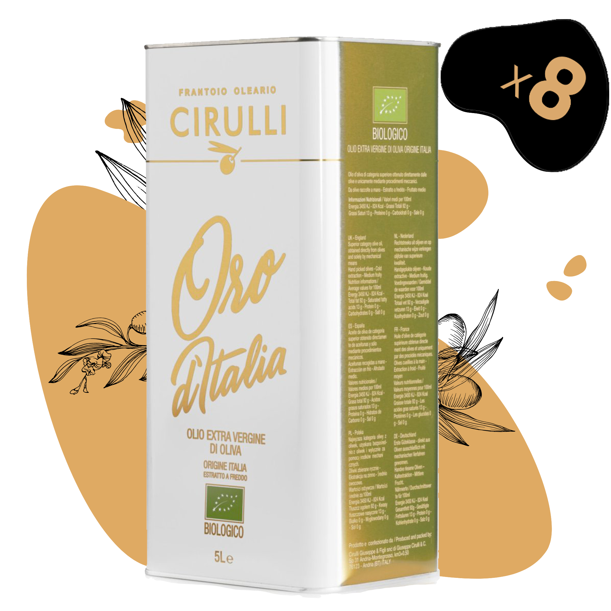 8 lattine di olio extravergine Biologico • 8 X 5 Litri
